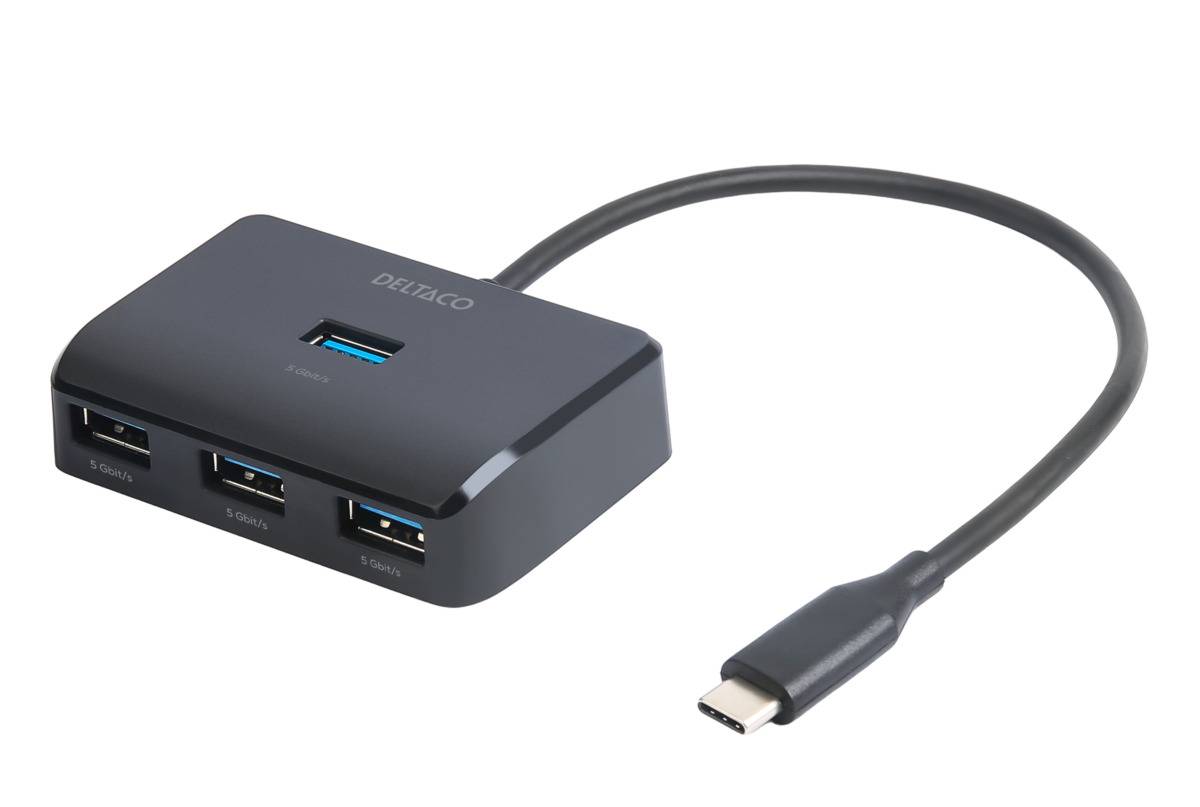 USB-C Hubb Deltaco 4x USB-A, 5 Gbps, svart