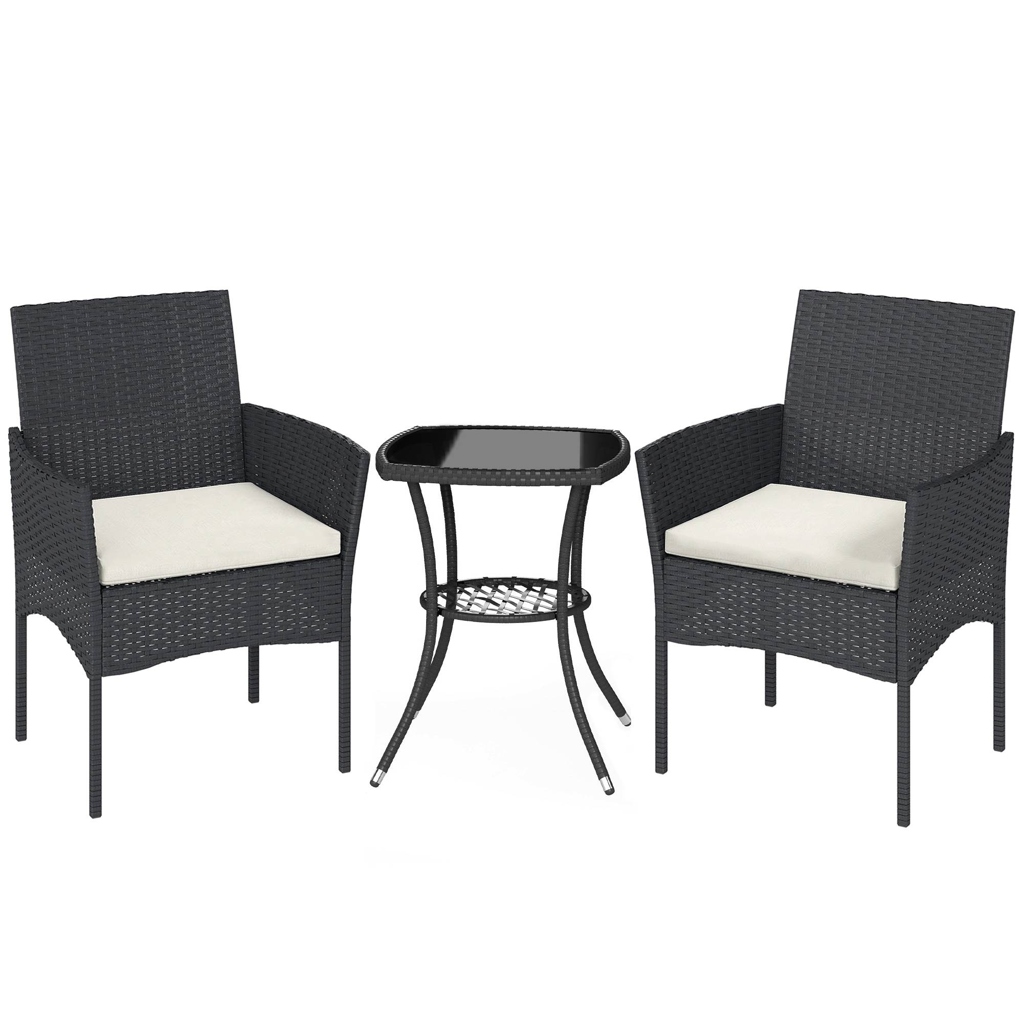 Outsunny 3 Piece Rattan Bistro Set, PE Wicker Garden Furniture Conversation Set with 2 Tier Glass-Top Table, Chairs, Cream White