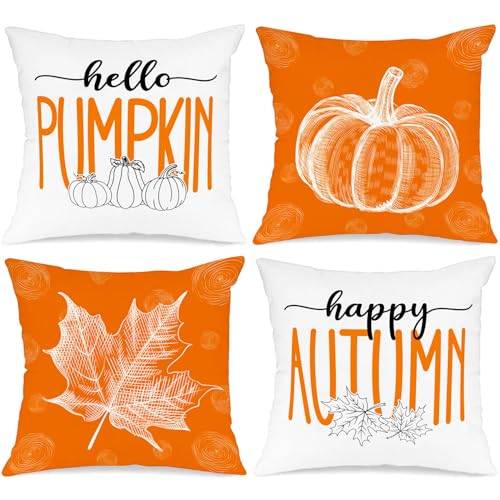 Benjia Orange 45 x 45 höst kuddfodral set med 4, lönnlöv pumpa dekorativ semester 45 x 45 cm höst prydnadskudde överdrag Thanksgiving kuddfodral för inomhus hem sovrum soffa soffa dekor 45 x 45 cm