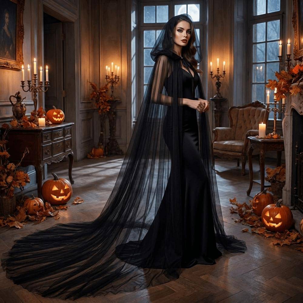 Golvlång Halloween Huvförsedd Tyllkappa Enfärgad Cosplay Brudklädsel Renässansfest vit