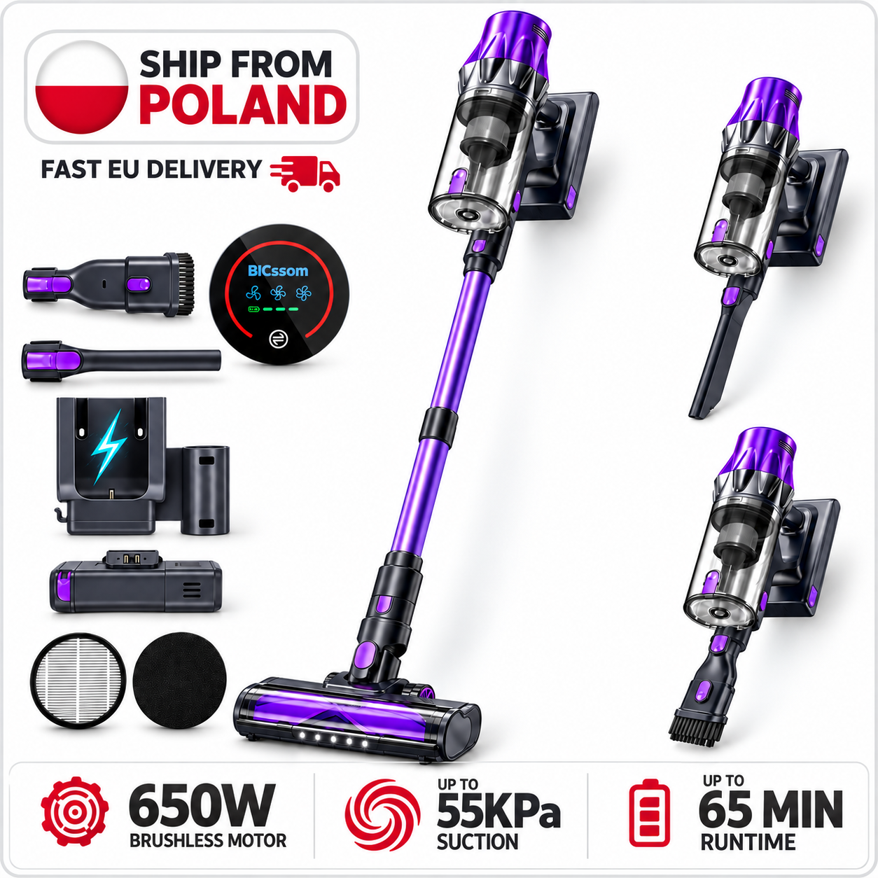 Blossom V20 Cordless Vacuum Cleaner, 650W Brushless Motor, Up to 55KPa Powerful Suction, 65-Minute Runtime, 1.5L Dust Cup, Removable Battery, LED Stick Vacuum for Carpet, Hard Floor, Pet Hair and Car