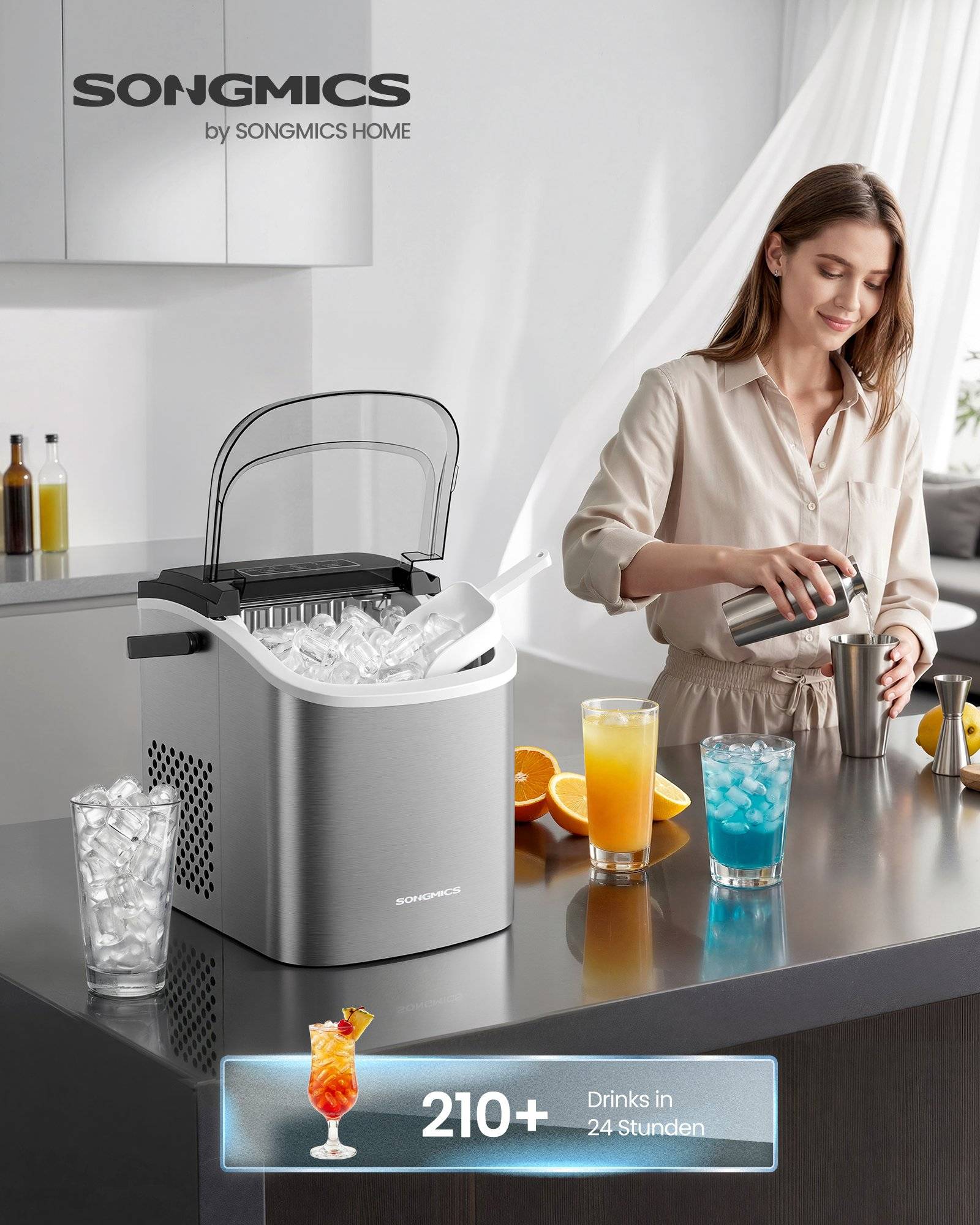 SONGMICS Ice Machine, Self-Cleaning Cube Machine, 9 Cubes in 6 Minutes in 2 Sizes, 12 kg in 24 Hours, Portable, Home, Kitchen, Office, Parties, Campin