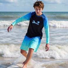 Tween Boys Beach Print Långärmad Rash Guard Och Kort 2-delat Baddräktsset - Svart (8Y,9Y,10Y,11Y,12Y)
