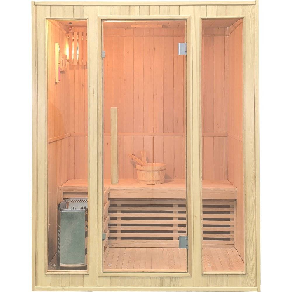 Basturum 23 personer | Hemlock & glas | 150x120 cm | Harvia 4,5 kW | Kompakt inomhusbastu för hem & fritidshus