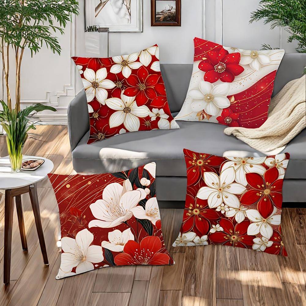 Modernt blommigt örngott med röda och vita blommor Sovrum Soffa Dekorativ Kuddfodral Med Dragkedja Mjukt Kuddfodral