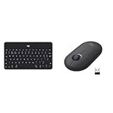 Logitech Keys-To-Go Trådlöst Bluetooth-tangentbord för iPhone, iPad, Smartphone, Android, Windows, QWERTZ Tysk Layout, Svart & Logitech Pebble – trådlös mus med Bluetooth - Grafit