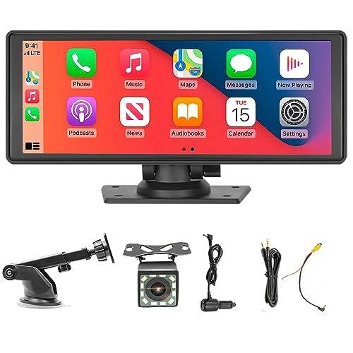 Bärbar bilstereo med trådlös CarPlay och Android Auto, 9,3" HD IPS-pekskärm multimediaspelare med 12 LED-backupkamera stöd Bluetooth MirrorLink FM-sändare, instrumentbräda eller vindruta monterad