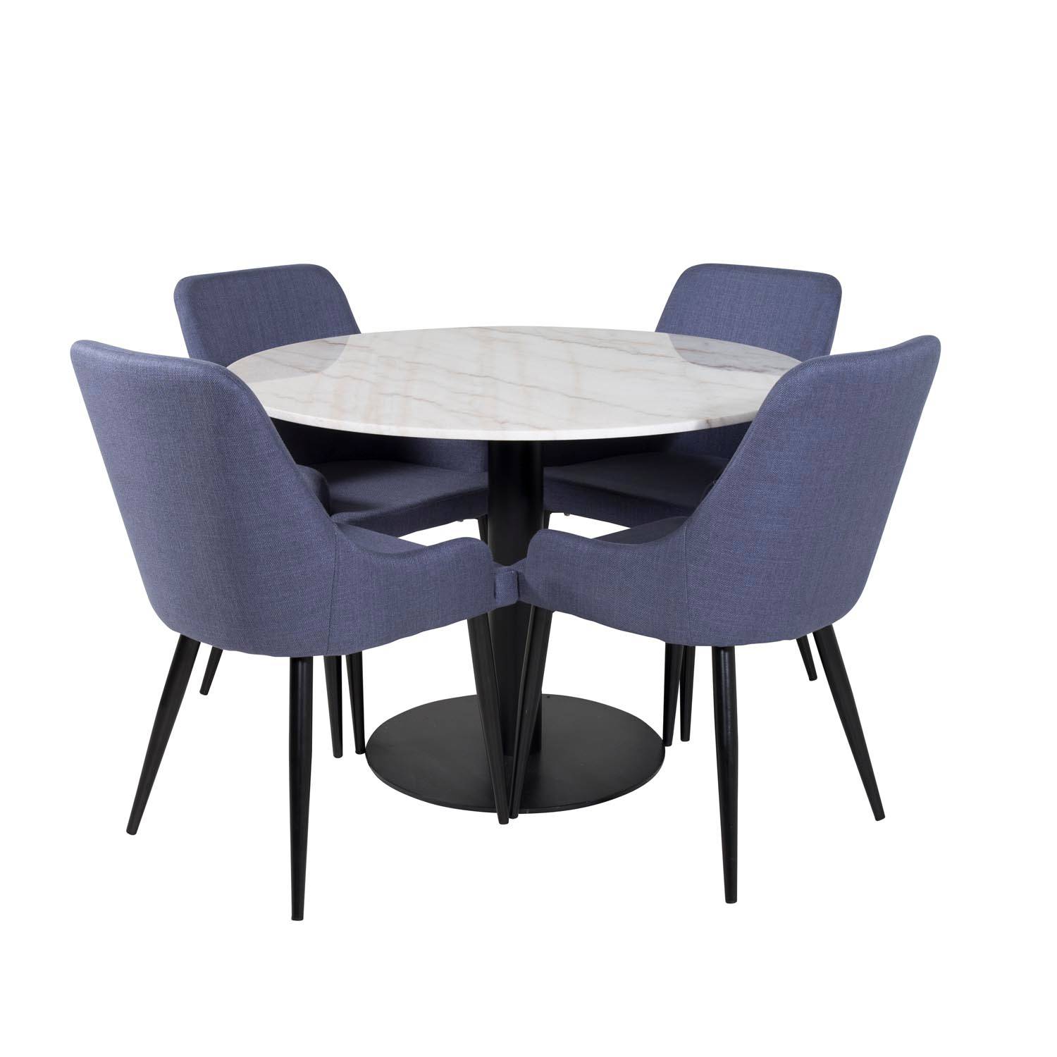 VENTURE DESIGN Estelle spisebordssæt, m. 4 stole - hvid marmor/sort metal og blå stof/sort metal