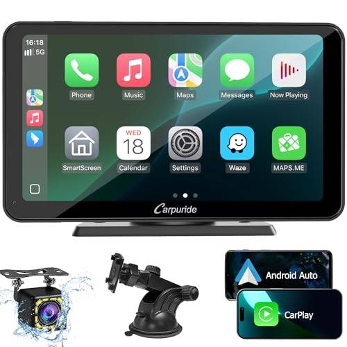 Carpuride 7 tum IPS trådbunden/trådlös CarPlay-skärm för Apple CarPlay & Android Auto, bilstereo med löstagbart solskydd, spegel, Siri, Bluetooth, Navigation, Extern MIC-port, TF-kort/USB-uppspelning