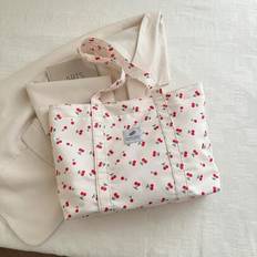 Sweet Pink Cow Pattern Printed Fabric Cherry Element Corduroy Warm Winter Element New Winter Upper Shoulder Handheld Tote Shoulder Shopping Bag - Beige - one-size