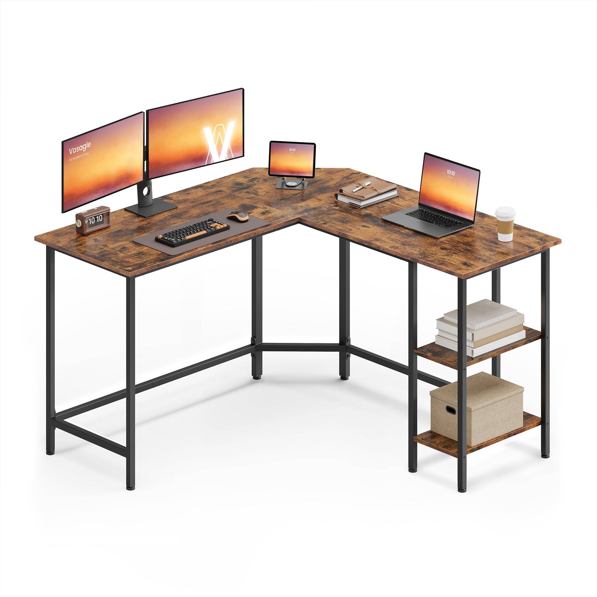 L-formet hjørneskrivebord 130 × 130 × 76 cm med 2 hylder - rustik brun/sort