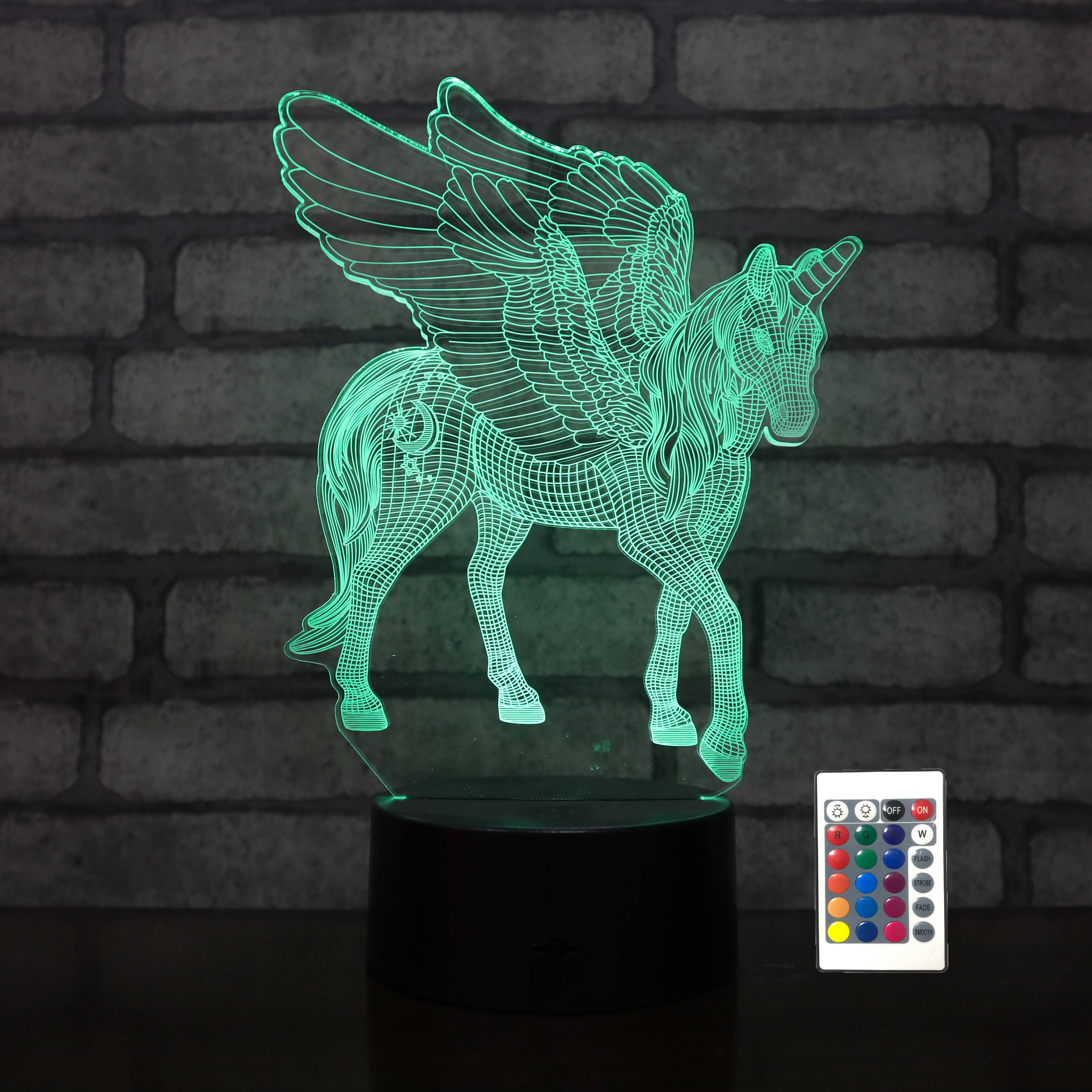Unicorn with wing shape 3d led night light kids gift lamp remote control led hologram lamp ABS 3AA battery case gift lamp