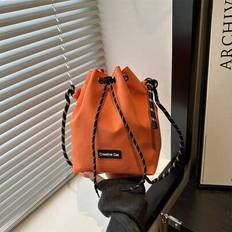 Fashion Bucket Bag Women's Nylon Cloth Bag Lightweight Casual Drawstring Bucket Bag Thick Rope One Shoulder Crossbody Bag - Orange - one-size