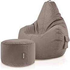 Green Bean© Uppsättning av 2 saccosäckar + pall färdigfylld robust tvättbar smutsavvisande barn och vuxna böna väska golvkudde lounge sittpall relaxfåtölj, gamer gamingstol pouf kaki