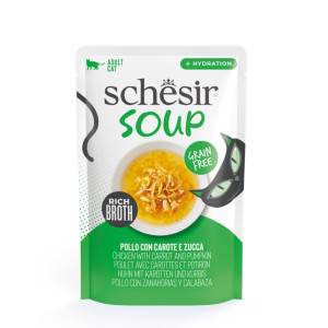 Schesir Cat Soup kyckling med morot och pumpa våtfoder katt (påsar). Förpackning: 4 lådor (48 x 40g)