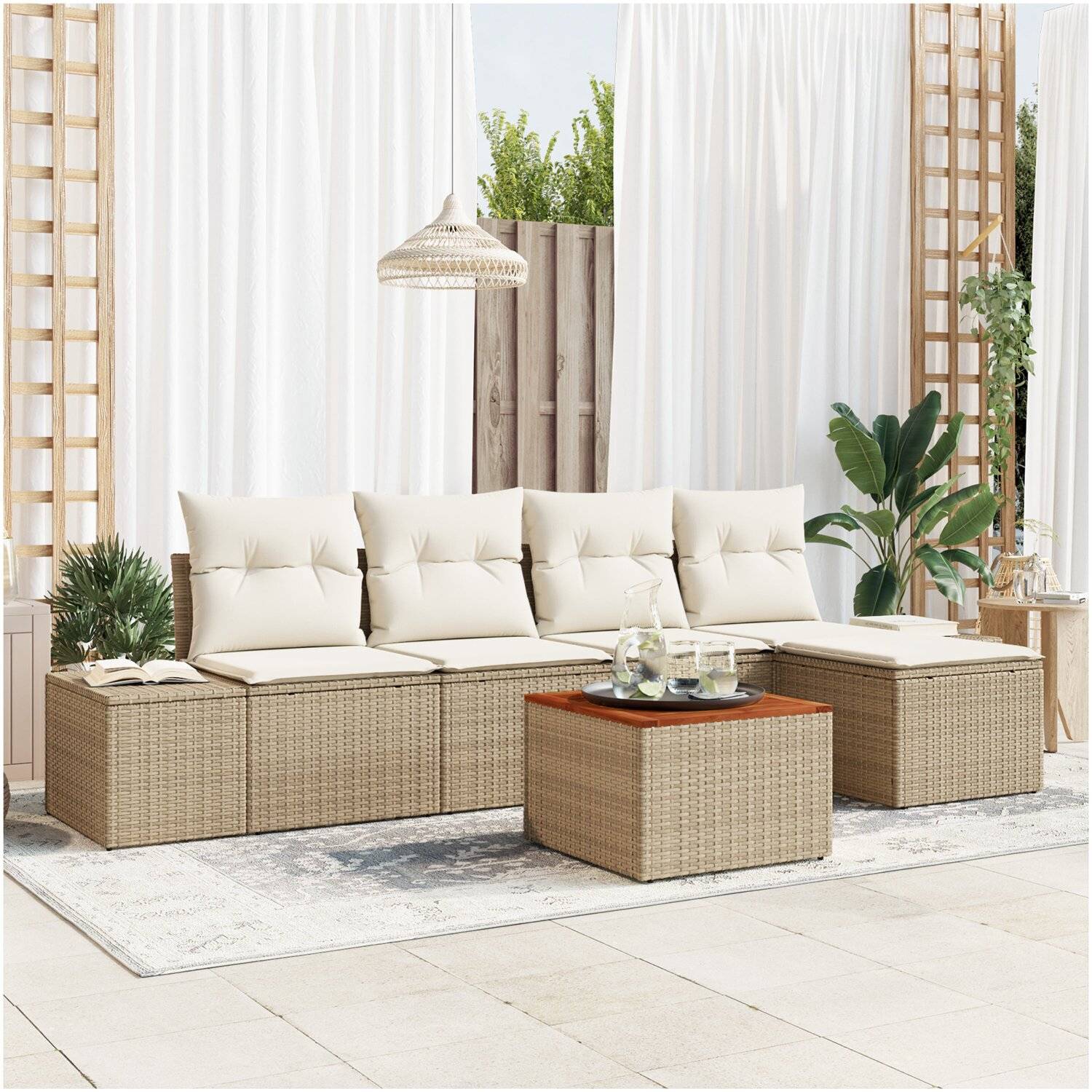 Uteplatssoffgrupp vidaxl - 6 delars med kuddar i beige poly rattan och akacia 55 x 37 cm naturlig - Beige