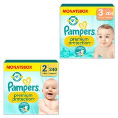 Pampers Premium blesæt Protection , New Baby størrelse 2 mini, 4-8 kg, månedskasse (1x 240 bleer) og størrelse 3 midi, 6-10 kg, månedskasse (1x 204 bleer)