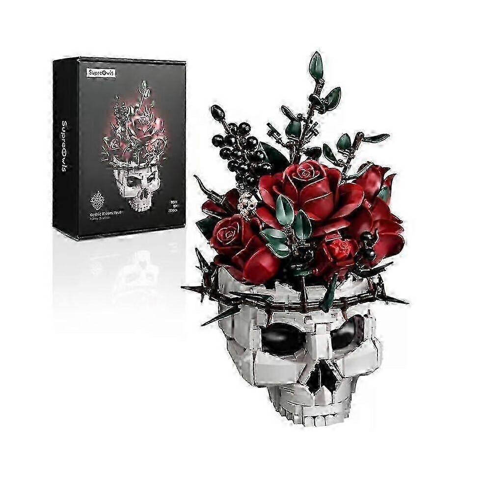 (2pcs) Gothic Skull Rose Bouquet Building Set, Compatible with Lego Flowers for Adult - Halloween Gothic Horror Skeleton Plant Pot Home Decor - DSW