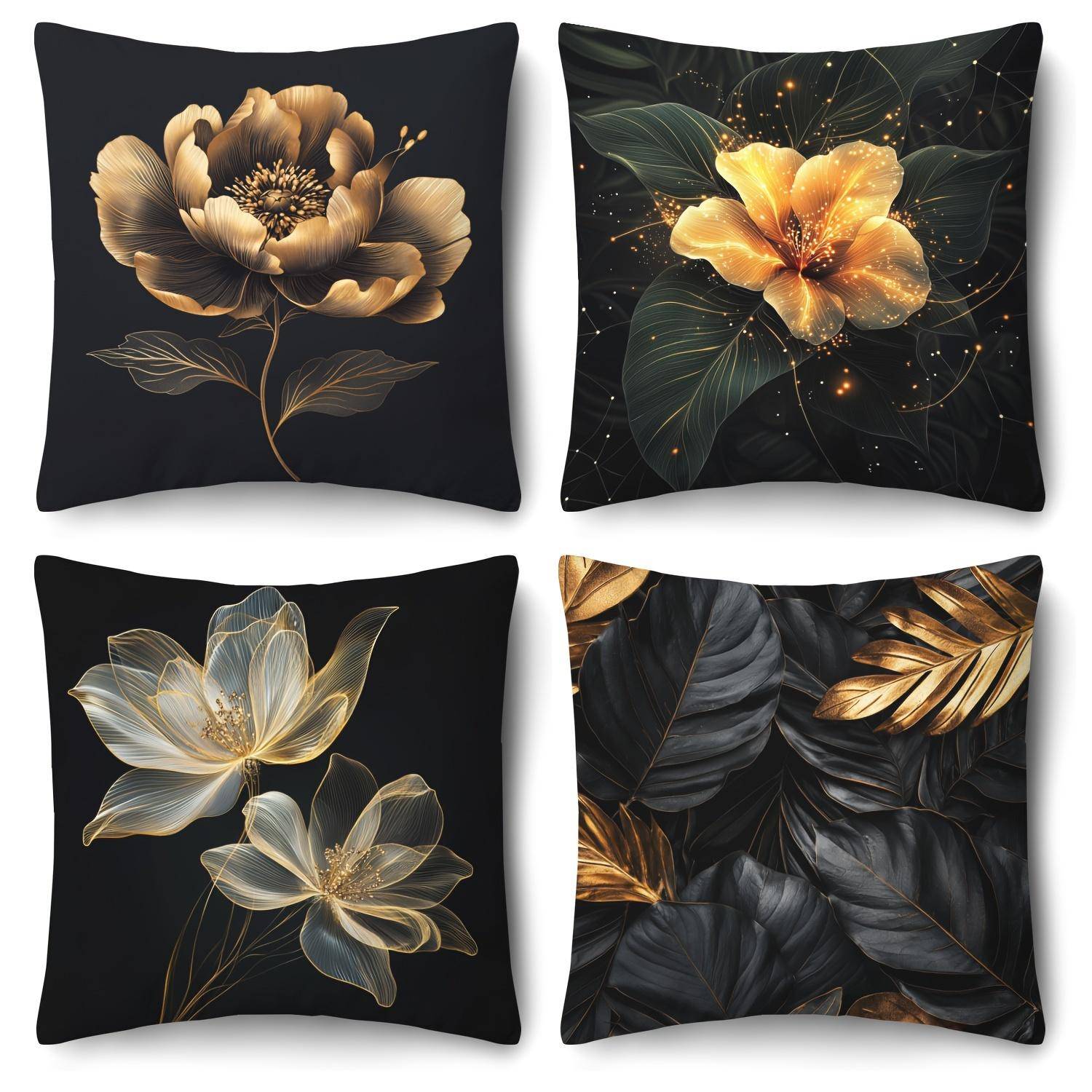 4-pack Eleganta Svarta Kuddfodral 45X45cm Konstnärliga Guldblomma & Bladtryck Med Glittrande Detalj För Modernt Vardagsrum