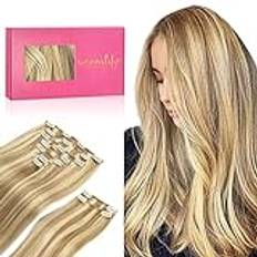 WENNALIFE Clip In Extensions äkta hår, 150 g, 60 cm, 9 st ljusblonda highlights, guldblond, clips, hårförlängningar, clips, hårförlängning, äkta hår