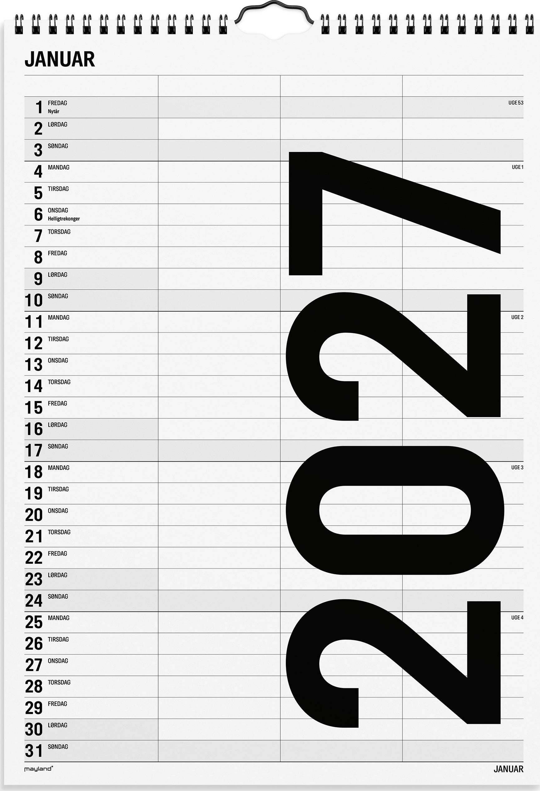 Mayland 2027 Vægkalender, Black & White, 3 kol.