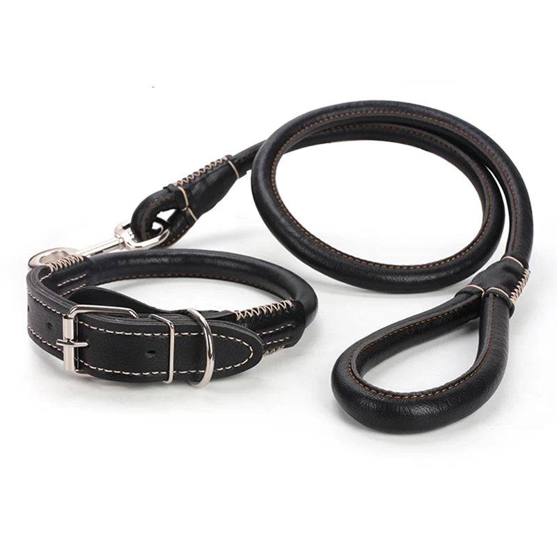 Leather Dog Collar & Leash Set for Medium & Large Dogs - Black / XL-suit 30-60kg / SPC (XL-suit 30-60kg)