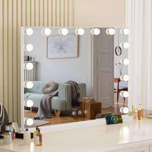 Teousev Sminkspegel med belysning, 80 x 60 cm Hollywood-spegel med 17 LED-lampor, dimbar sminkspegel för makeup