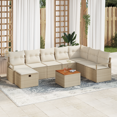 vidaXL 9-delars trädgårdsofabord med kuddar beige poly rattan