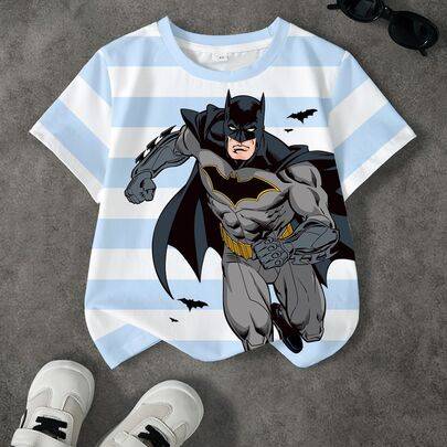 Casual T-shirt för ung pojke med anime-hjältekaraktärstryck, rund hals och kort ärm - Vitt (6Y,7Y,8Y,4Y,5Y,2-3Y)