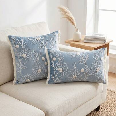 1 st fransk lantstil sammetskuddfodral med blom- och bladbroderi och fransade kanter, vintage botaniskt dekorativt prydnadskuddfodral för soffa, sovru - Dimmigt blått (45*45,30*50)