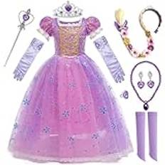 Rapunzel-kostym, barn, Rapunzel, barnkostym, prinsessa, Rapunzel, kostym, karneval med peruk, rapunzel, krona, prinsessa för födelsedag, fest, cosplay, jul, halloween, karneval, utklädnad, 110 cm