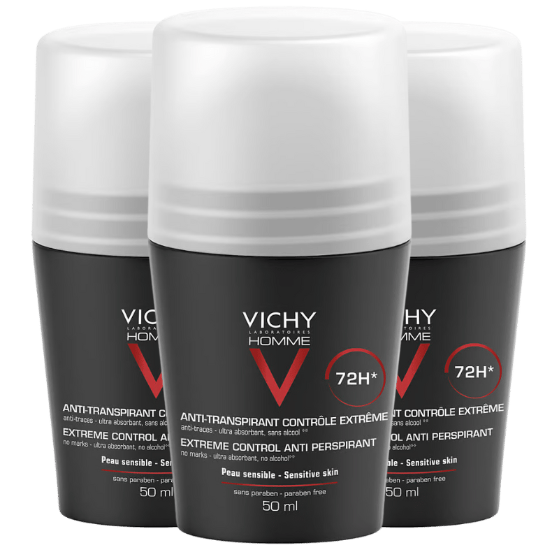 3 x Vichy Homme Anti-Perspirant Deo Roll-on 72h (50 ml).