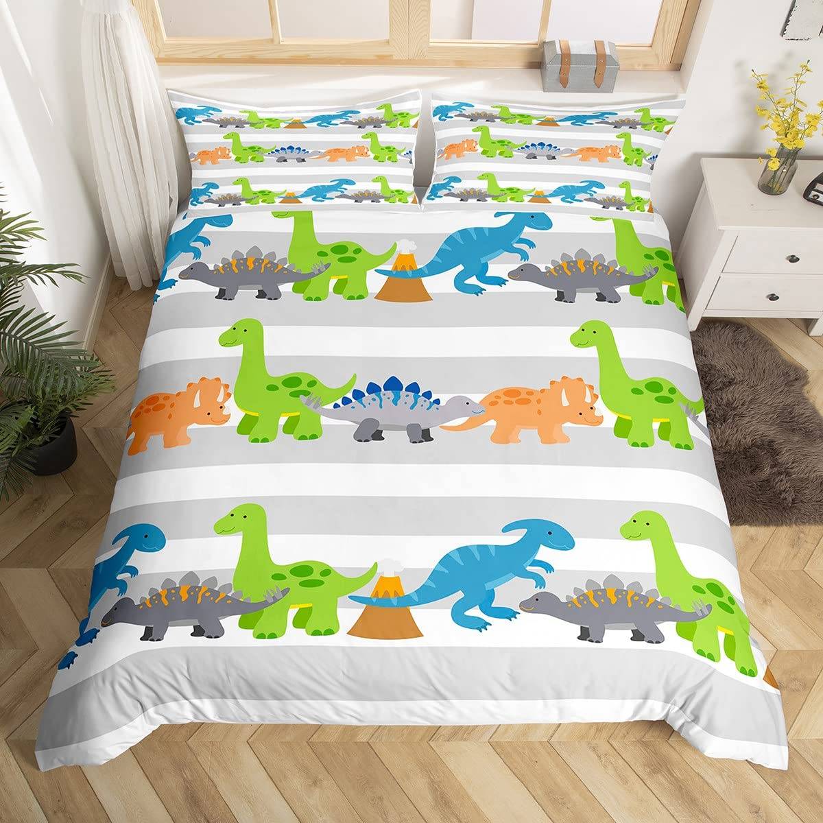 Dinosaurie Påslakan Pojkar Flickor Söt Tecknad Vild Dino Sängkläder Set för Barn Djungeldjur Täckeöverdrag Kawaii Quiltöverdrag US Twin(172x218cm)