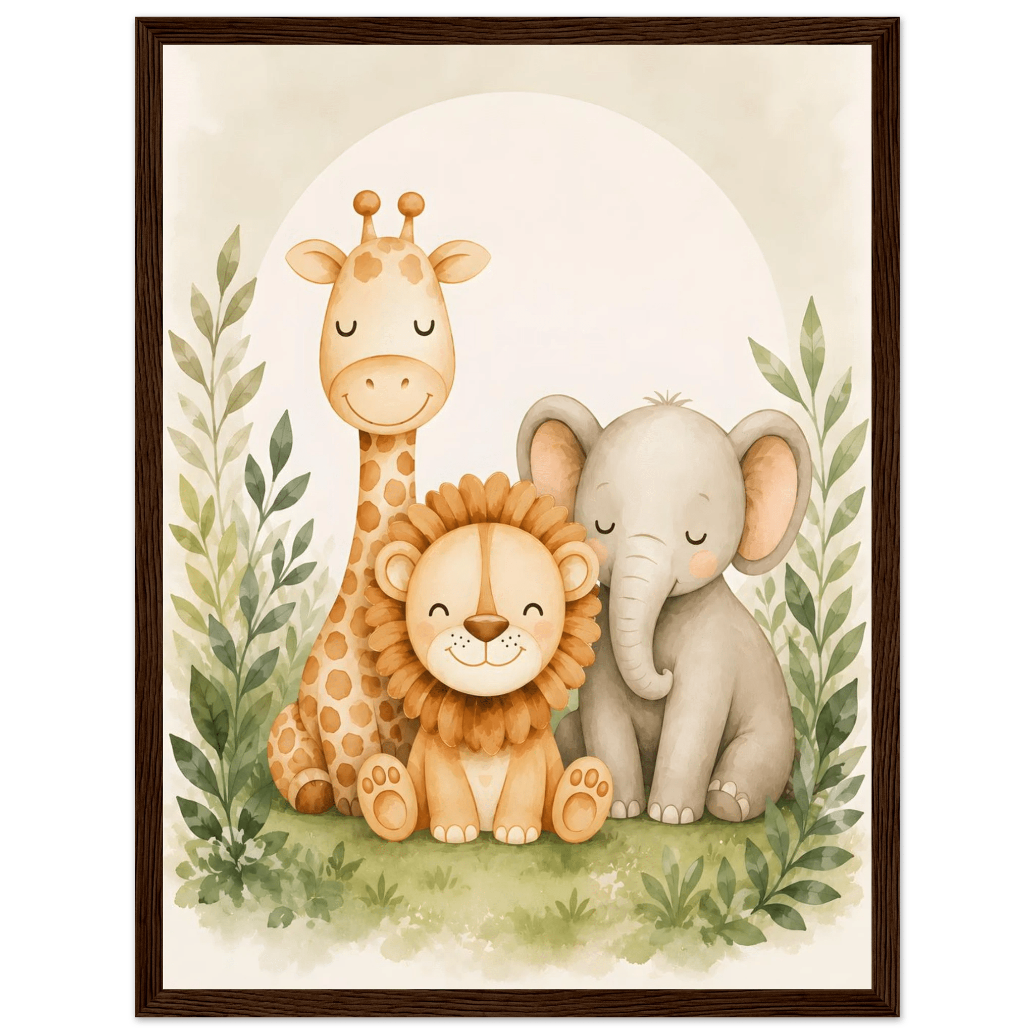 Lejon, elefant giraff poster-30x40 cm / 12x16″ / Med ram / Mörkt trä