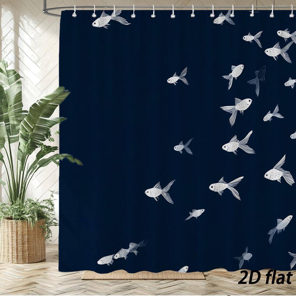 Mörkblå Duschdraperi – Mönster med Vita Guldfiskar, 2D Platt, 12 Krokar, 180×180 cm, Polyester, Maskintvättbar