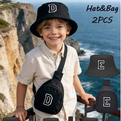2 st/set bokstaven A-Ö söt babyhatt och väska, pojkar flickor barn solhatt, utomhus barn panamahatt, klädaccessoarer - Svart (8-12Y,3-8Y)