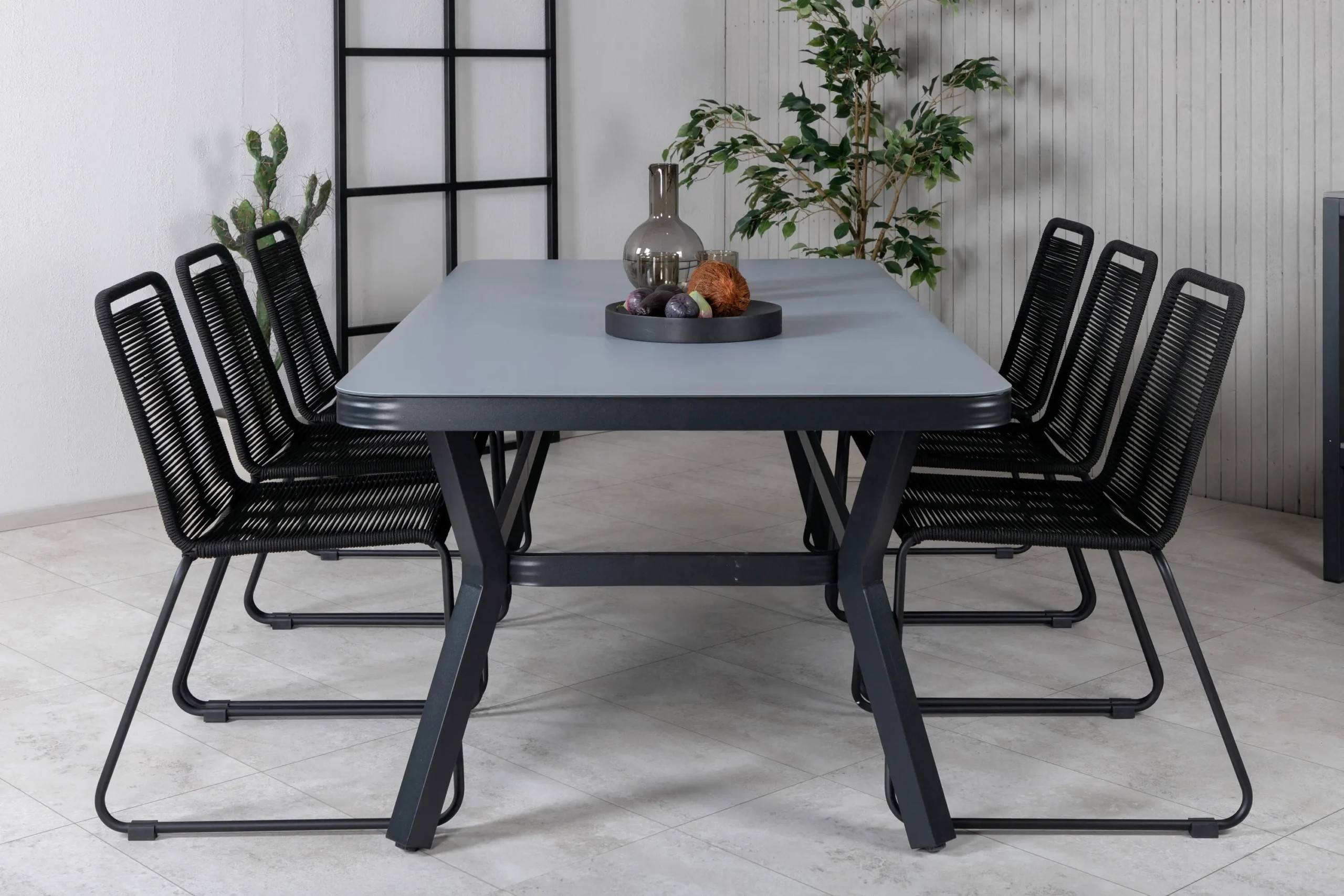 Virya & Lindos - 100×200 cm med 6 stolar - Matgrupper utomhus - svart/grå