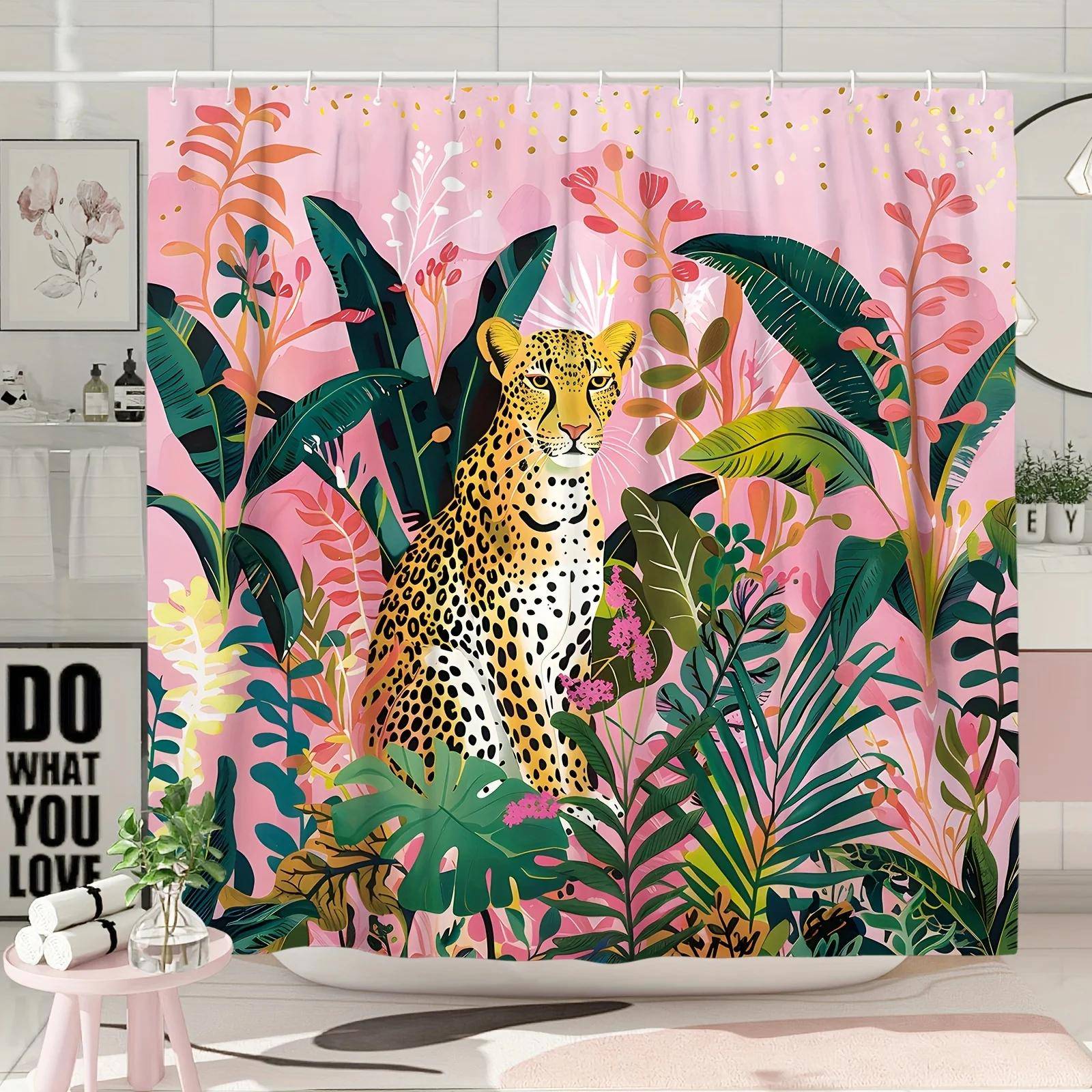 ~O~Tropisk Leopard & Monstera Duschdraperi - Vattentätt Polyester, 12 Krokar, Maskintvättbart, Idealiskt för Studentrum & Lägenheter