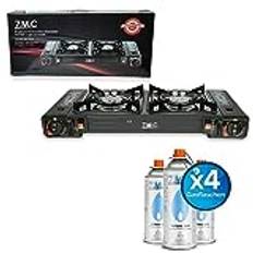 Z.M.C.M.C M.C Camping gasspis med 2 lampor inklusive adapter för LPG-anslutning + 4 gaspatroner 227 g, campingspis med piezotändning för utomhus- och inomhusbruk