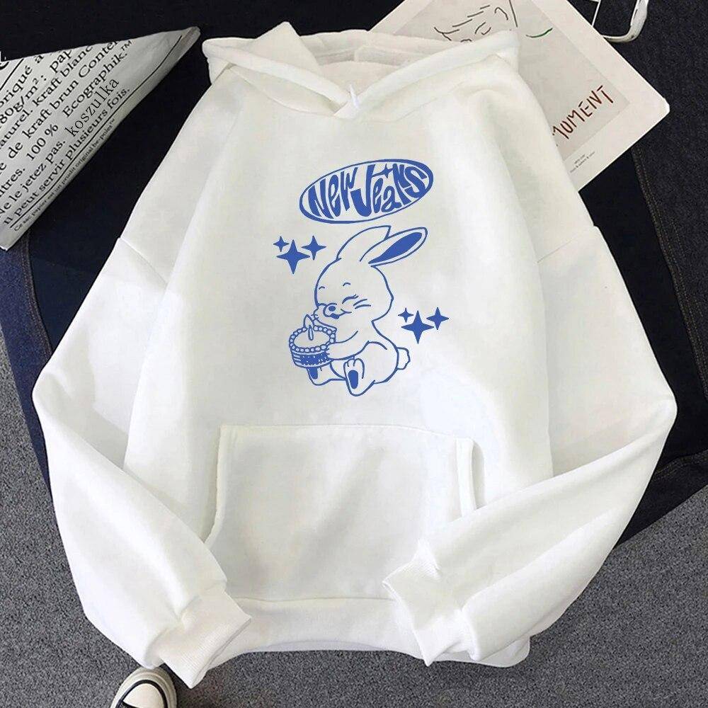 NewJeans Tokki Bunnies Födelsedagspresent Huvtröja Dam/Män Harajuku Estetiska grafiska Huvtröjor Unisex Höst Vinter Huvtröja Sudaderas cm vit
