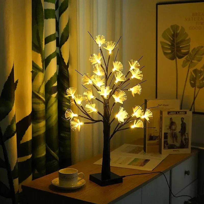 BonsaiGlow Bordslampa - Fängslande Fiberoptisk Roslampa - Trä belysning med järnplåt