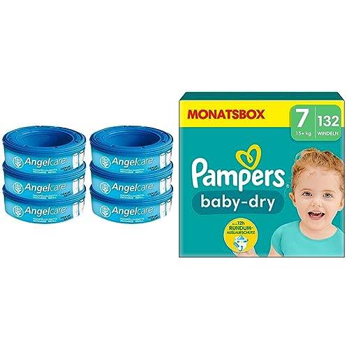 Angelcare 2320 Refill Cassette Plus 2017 (pack of 6) & Pampers Windeln Größe 7 (15kg+) Baby-Dry, Extra Large, MONATSBOX, bis zu 12 Stunden Rundum-Auslaufschutz, (1er Pack) 132 Stück