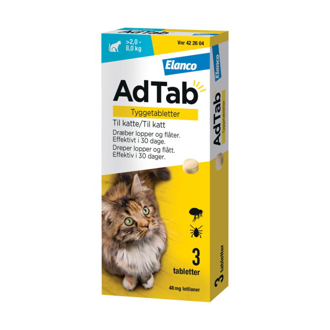 AdTab tyggetablet til kat >2,0-8,0 kg 48 mg loppe- og flåtmiddel