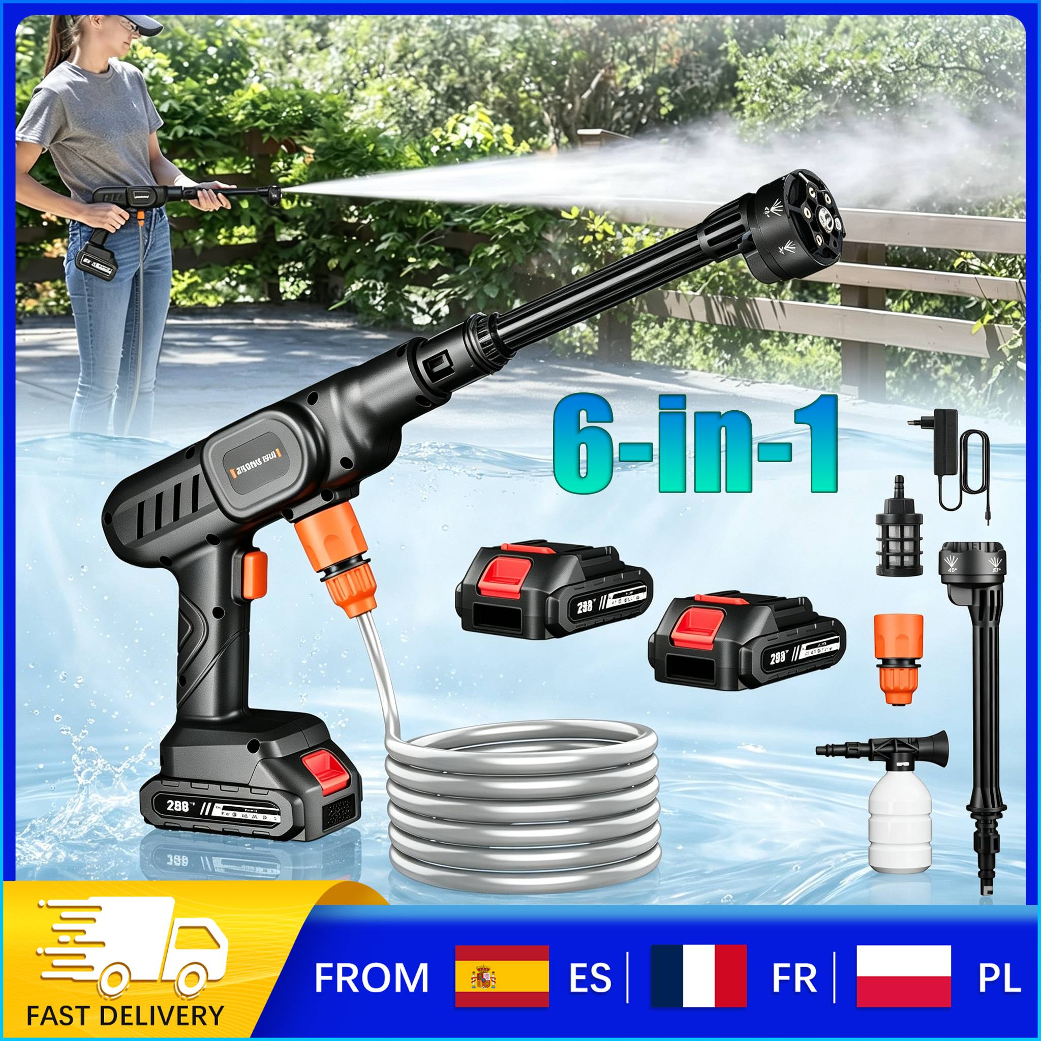 Cordless Pressure Washer, 21V Portable High-Pressure Cleaning Gun with 6-in-1 Nozzle, 500W 20Bar 10L/min 30000rpm, 5m Hose Self-Priming, 2 Batteries for Car Washing Garden Outdoor Cleaning