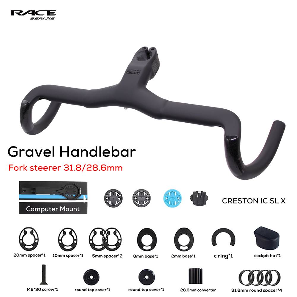 RACE Creston IC SL X Full Carbon Internal Routing Gravel Handlebar,T1000,Integrated Cockpit for 31.8/28.6mm Fork with Mount,-6°