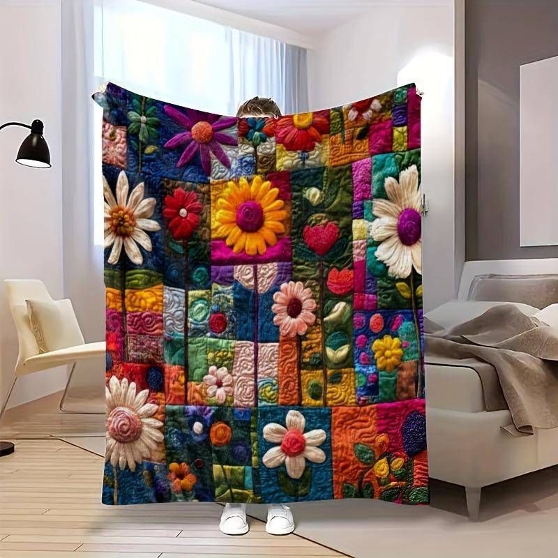 1 st Bohemisk Blommig Täcke Pläd - Mjuk, Varm, Hela Säsongen Flanell Blommönster, Perfekt för Soffa, Säng, Kontor Picknick