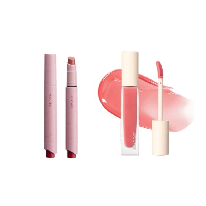 Joocyee - Lightweight Non-Smudging Velvet Rouge - 3g - 100 Gray Pink (1ea) & Summer Fizz Watery Lip Oil - 5g - 02 Sunset Sea... - black