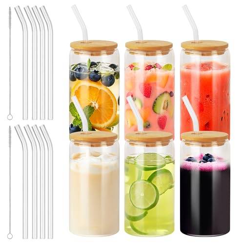 Nuangoo Glas med lock och sugrör, 500 ml dricksglas med lock, cocktailglas, set för iced kaffe, cocktails, latt, smoothie, whisky (500 ml – 6 stycken)