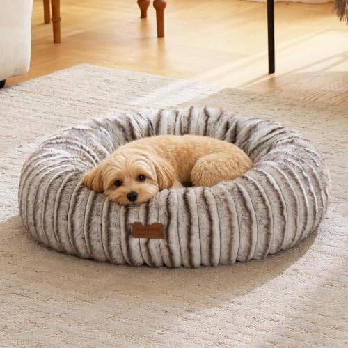FUKUMARU Inomhus Hund- och Kattbädd, Donutbädd för Ångestfyllda Valpar, Ortodontisk Hundbädd, Tvättbart Täcke, Modern Design med Skugga, 63 cm, Kaffebrun