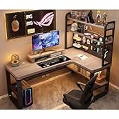 L Shape Desk Solid Wood Writing Desk Modern Computer Desk Bedroom Home Desktop Desk Bookshelf Integrated Desk With Storage Space Shelf Gaming Desk Corner Office Desk - Without Chairs(Gray-right,140x10